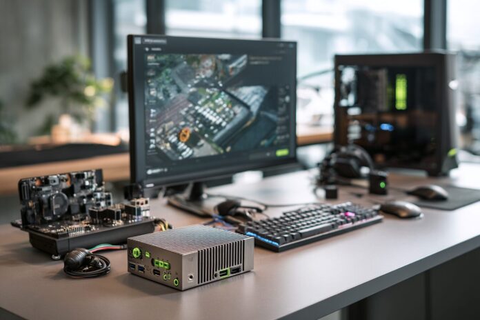 Nvidia Jetson AGX Thor Developer Kit on desk with cables and display peripherals