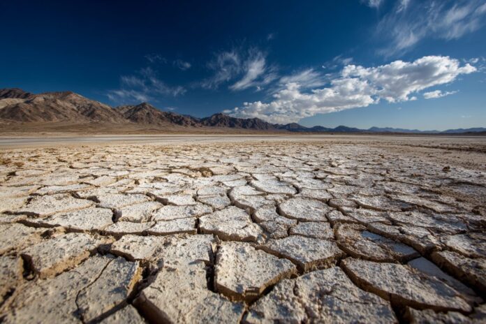 Dried up lakebed displaying cracked earth, symbolizing continental water loss.