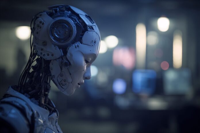 Digital artwork of a humanoid robot with an expressive face in a dimly lit tech workspace, blurring the line between human and machine.