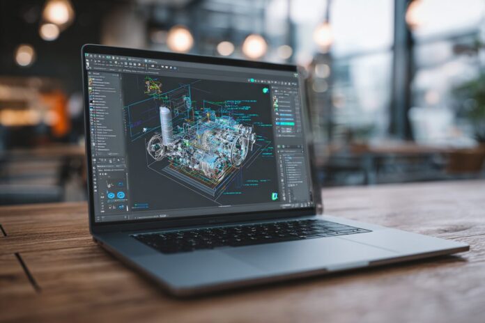 Abstract laptop screen showing Copilot 3D interface with a sample 3D model generated from a product image