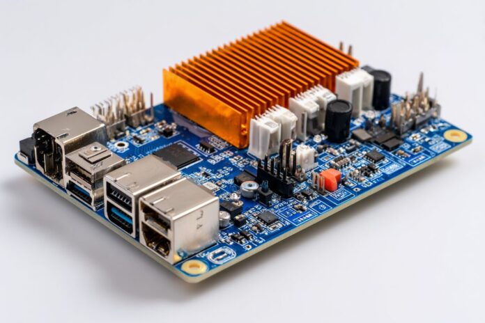 Orange Pi 5 board with ports and heatsink, lying on a white background.