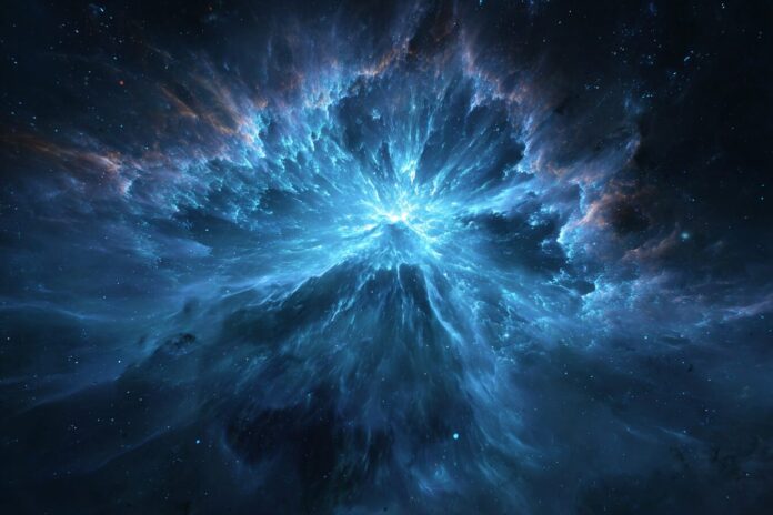 A luminous explosion in deep space with a dark entity pulling in glowing gas.