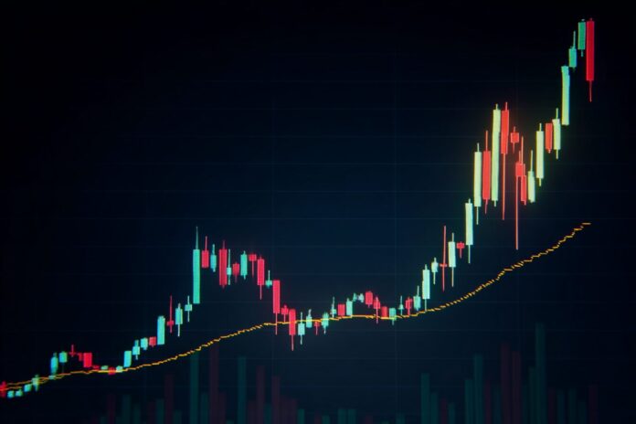 Candlestick chart showing recent Bitcoin price movements with a surge toward all-time highs.