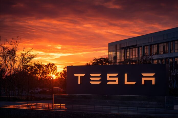 Tesla headquarters sign at sunset after Dojo shutdown announcement