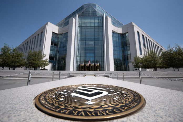 US SEC building with Solana logo in foreground, symbolizing regulatory scrutiny over cryptocurrency ETFs.