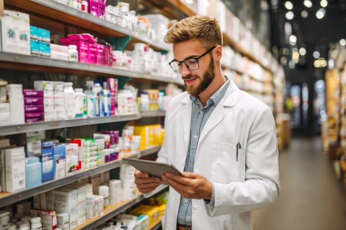 A pharmacist viewing a digital transaction on a tablet in a modern pharmacy