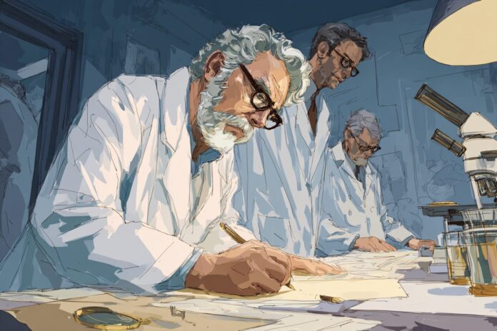 Illustrative image of experienced scientists reviewing evidence in a secured forensic laboratory following the 2001 anthrax attacks.