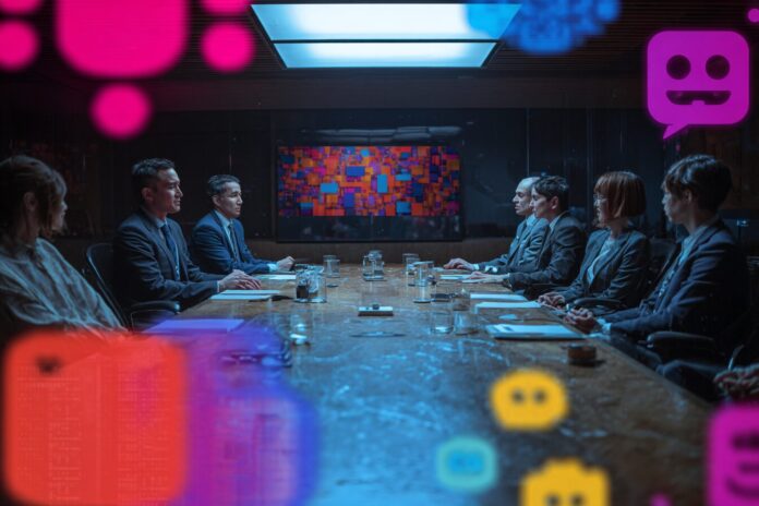 A tense meeting table with representatives from Anthropic and OpenAI discussing AI ethics and API usage, with Claude and GPT-5 logos in the background.