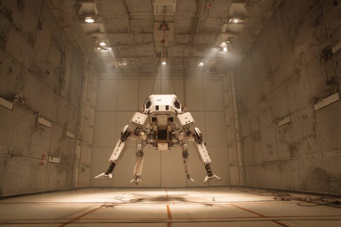 A four-legged jumping robot with white and black panels suspended mid-air in a large test chamber simulating Martian gravity.