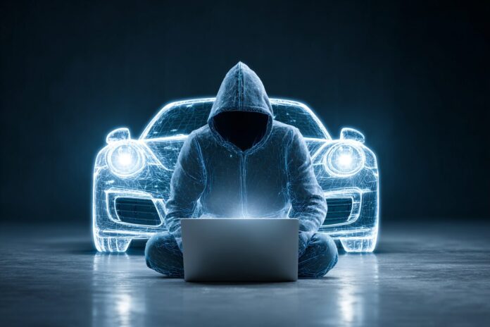 Concept image showing a hacker accessing a car remotely via a laptop, emphasizing the dangers of web portal vulnerabilities.