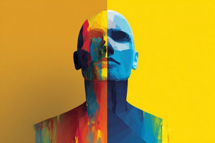 Abstract humanoid silhouette with split face: one side vibrant and expressive, the other minimal and geometric, symbolizing GPT-5 personality trade-offs.