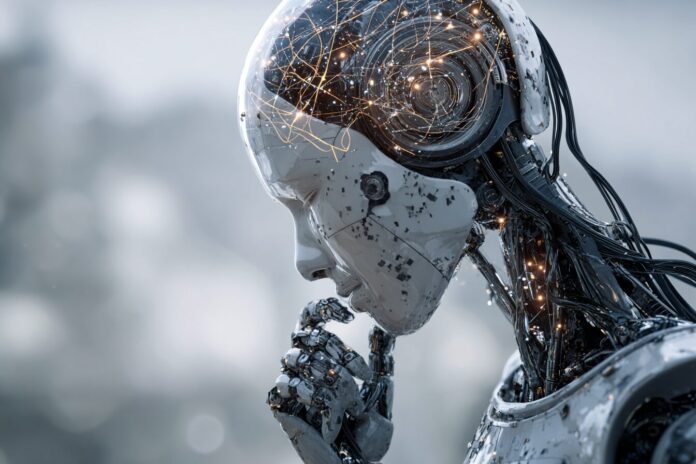 Futuristic rendering of a humanoid figure contemplating digital code and neural networks