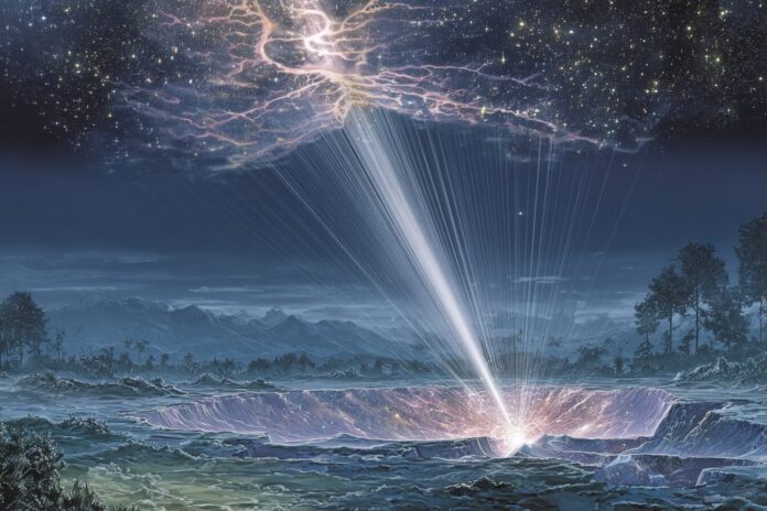 Illustration of a neutrino smashing into Earth, emanating cosmic rays.