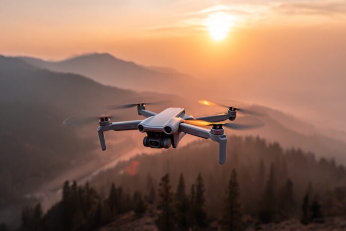 DJI Mini 5 Pro drone flying above a scenic landscape at golden hour.