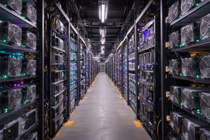Rows of advanced Bitdeer SEALMINER mining rigs operating in a US-based data center.