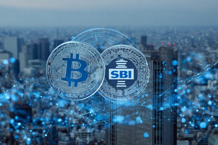 SBI and Circle logos connected by a digital yen coin overlay graphic, with Tokyo skyscrapers in the background.