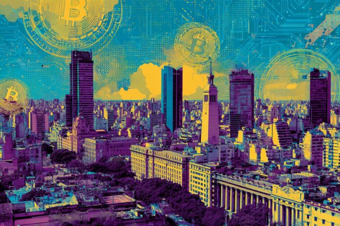 Buenos Aires skyline with symbols of digital currency, representing government embracing crypto payments.
