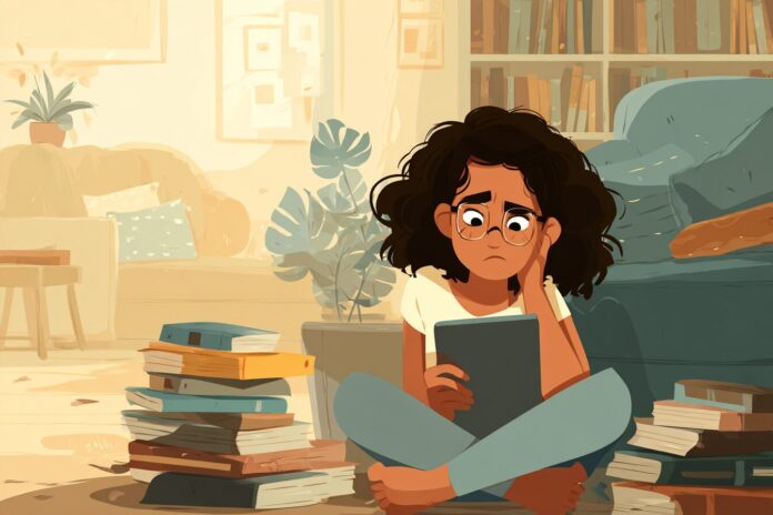 A worried parent sees her child watching videos on a tablet while a pile of unread books sits nearby.
