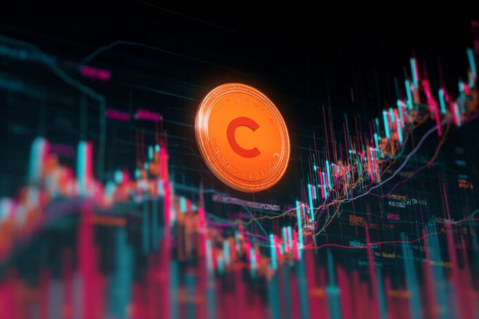 A vibrant depiction of the Cronos token surging upwards with a background of financial charts and digital assets, representing the CRO price rally.