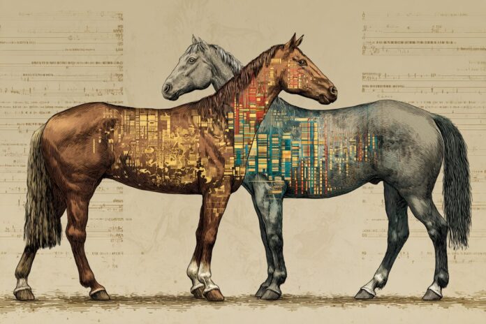 Illustration of ancient and modern horses side by side with highlighted genome regions.