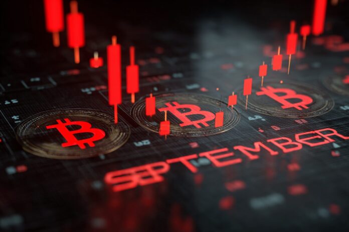 A digital calendar turned to September with Bitcoin logos and red market candles dropping.