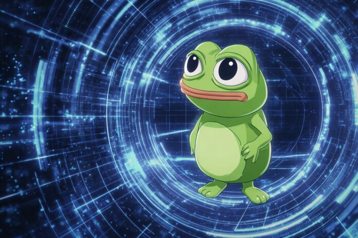 Illustration of the viral Little Pepe crypto mascot on a futuristic blockchain background