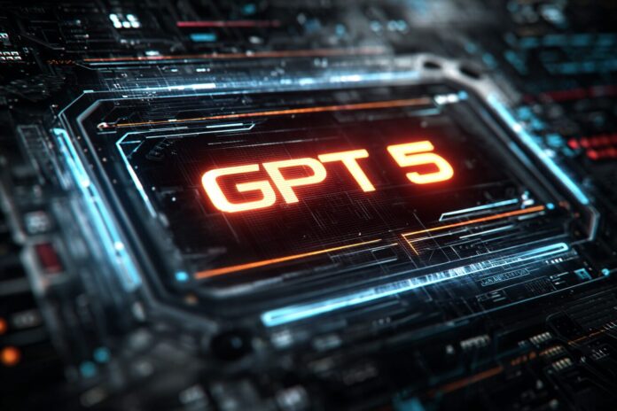 A futuristic computer screen displaying the OpenAI logo with the text 'GPT-5' glowing, hinting at a major tech breakthrough.