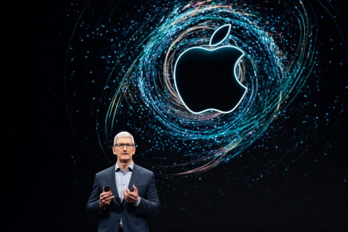 Tim Cook speaking on a stage with an Apple logo in the background, referencing AI advancements.