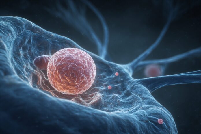 A digital rendering of a human embryo implanting into a 3D uterine structure, highlighting cellular interactions.