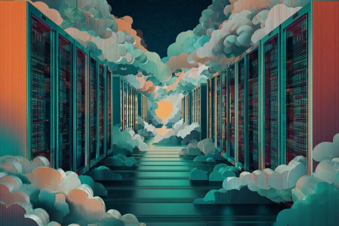 Illustration of a data center filled with servers, symbolizing AI energy consumption.