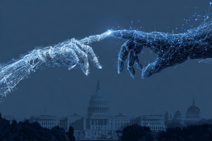 AI arms race with Washington D.C. backdrop and Anthropic vs. OpenAI branding