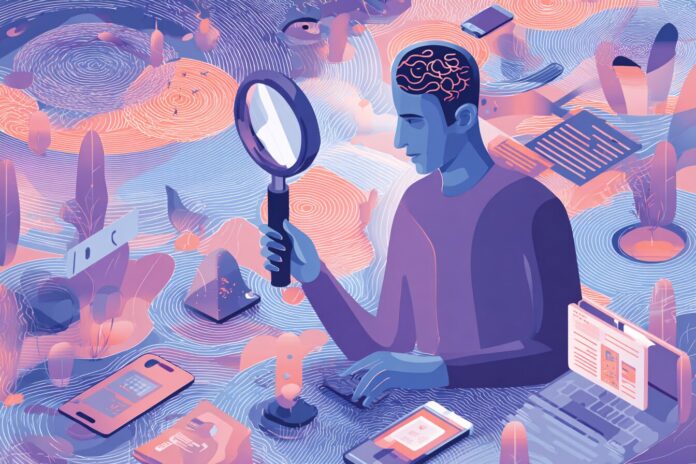 A stylized representation of artificial intelligence analyzing a user's search activity on multiple digital devices.