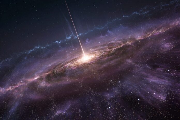 Artist’s impression of a fast radio burst traveling across the intergalactic medium toward the Milky Way.