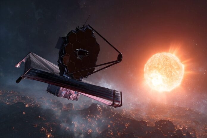 James Webb Space Telescope pointing at a star system, symbolizing the observation of distant exoplanets.