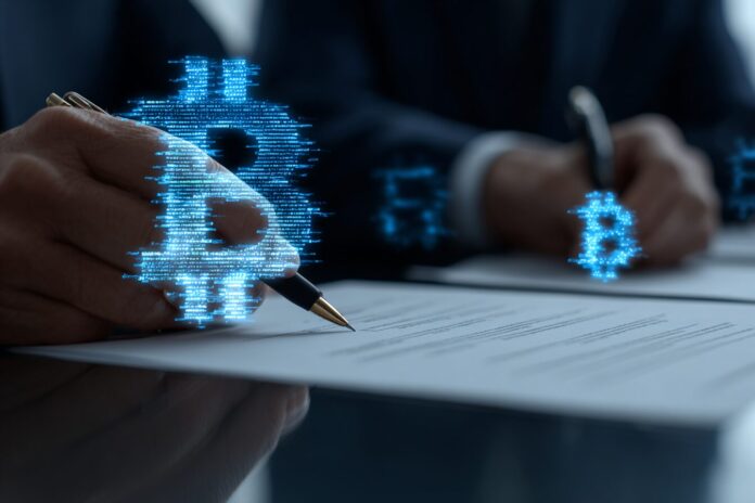 Business professionals signing a merger agreement, digital Bitcoin symbols floating in the background