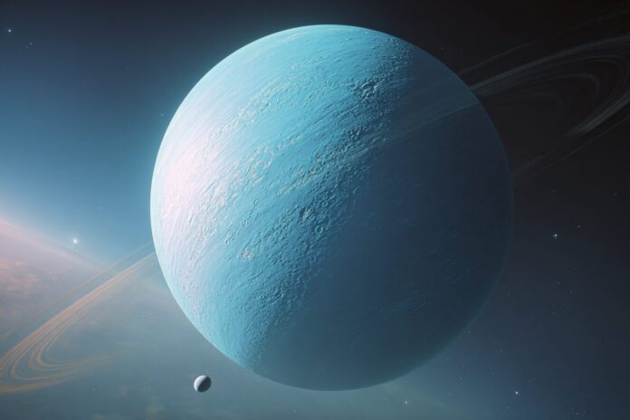 James Webb Space Telescope image of Uranus showing newly discovered moon S/2025 U1 orbiting the planet.