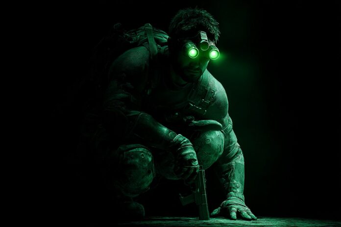Sam Fisher crouched in shadow with night vision goggles glowing green, ready for action.