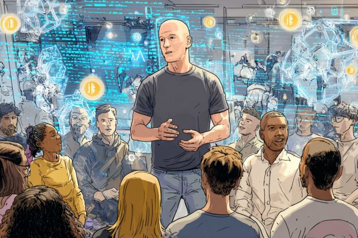 Brian Armstrong in a Coinbase office, addressing a group of diverse software engineers, with digital code and AI symbols in the background.