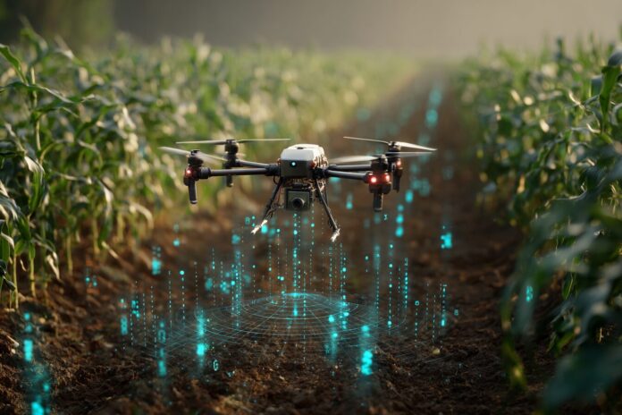 A drone flying over a smart agricultural field, surrounded by data overlays representing Transformer AI analysis.