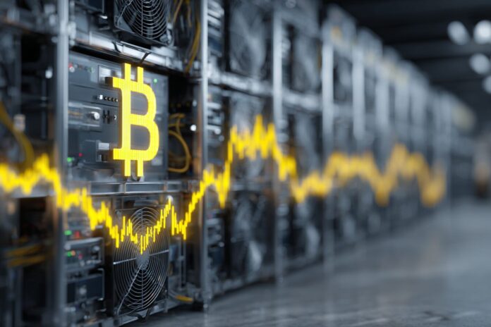 Bitcoin mining equipment in a large datacenter with flickering yellow BTC price chart overlay.