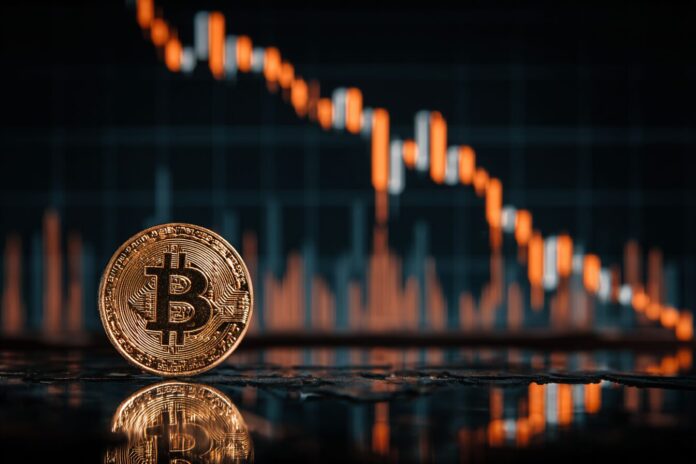 Bitcoin price chart declining sharply amid economic headlines.
