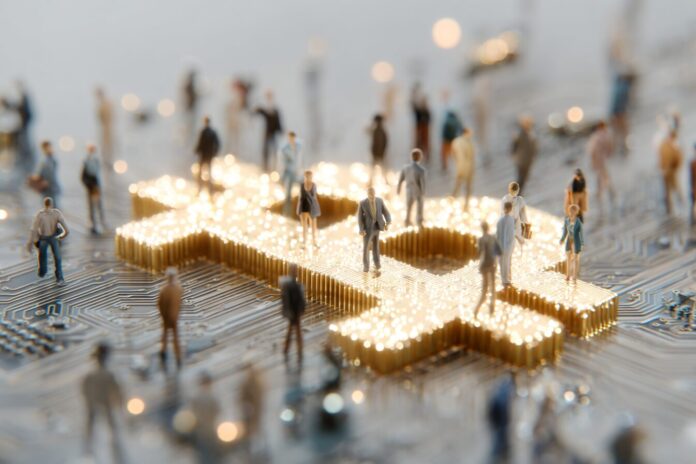 Bitcoin-backed commercial loan strategy visualized with business professionals and digital assets.