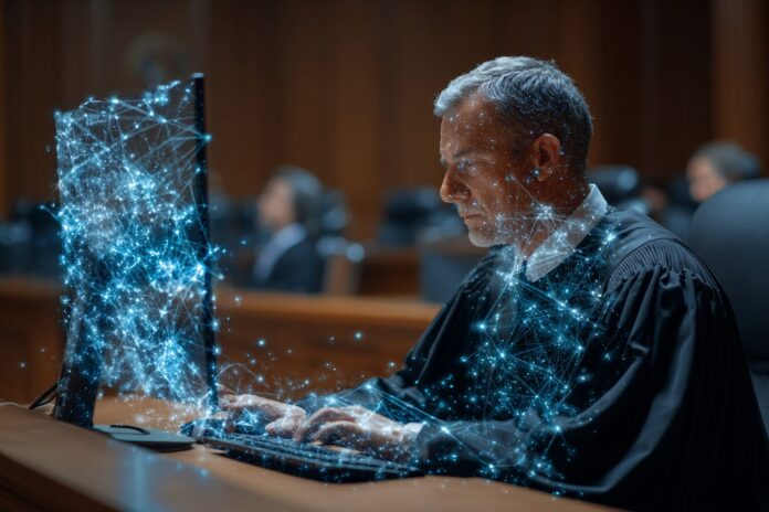 A judge using AI tools on a computer in a modern courtroom setting.