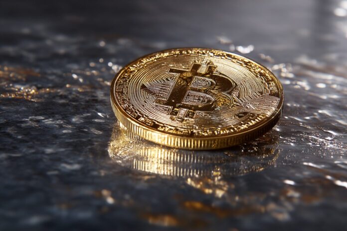 Gold coin representing Bitcoin laying on a reflective surface