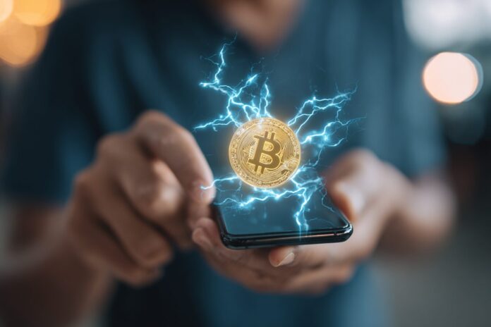 Digital banking user sending international remittance via mobile app on Bitcoin Lightning Network