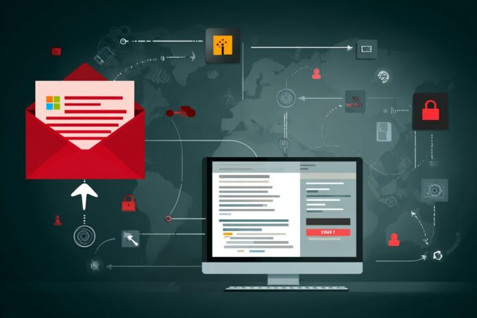 Email security workflow showing link-wrapped phishing email redirecting to a fake Microsoft 365 login page