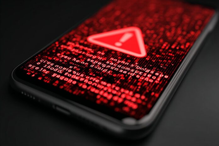 Close-up of a smartphone displaying a suspicious SMS scam message with a red warning overlay, representing a social engineering attack.