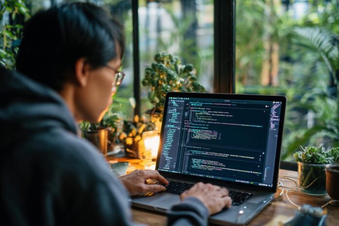 Modern data scientist optimizing pandas workflows using a laptop with code on screen.