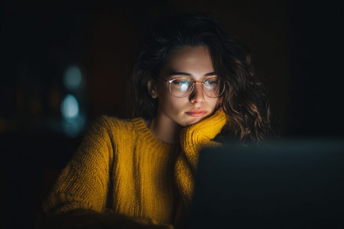 A thoughtful individual staring at a laptop screen in a dimly lit room, symbolizing AI chatbot engagement and emotional vulnerability.