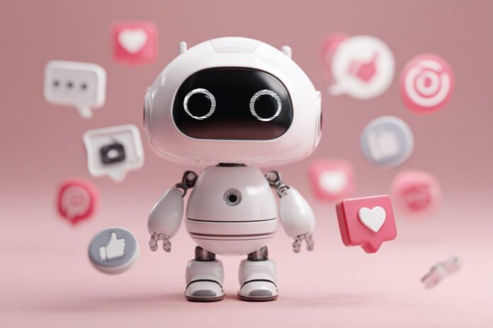 A humanoid AI chatbot with a friendly face, surrounded by floating social media icons implying engagement.
